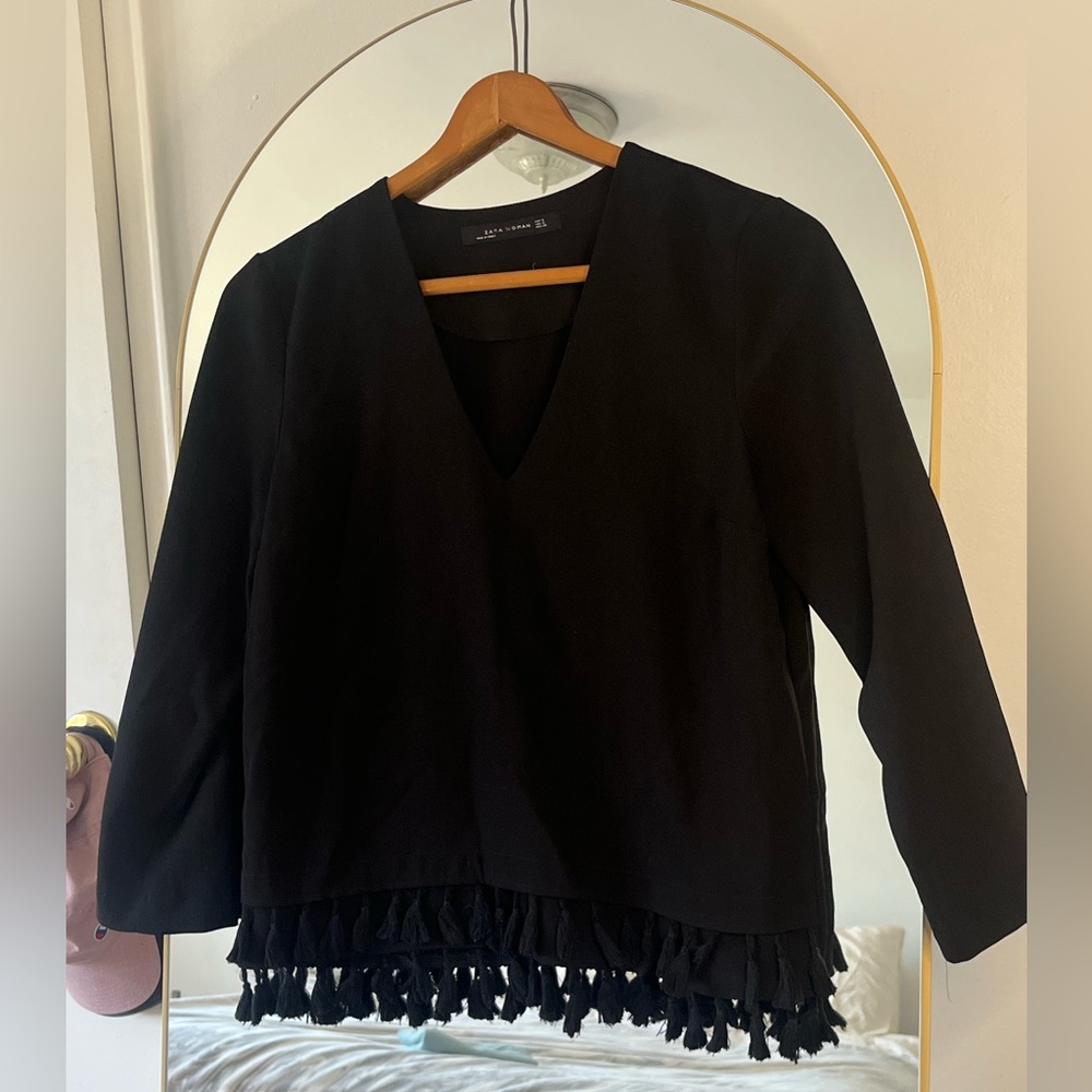 Zara Black Blouse Long Sleeve with Tassel Fringe Hem Size Small
